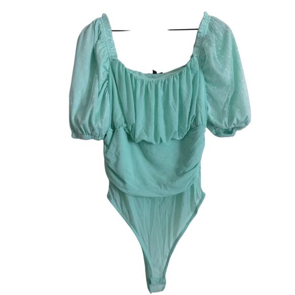 Fashion Nova Turquoise Ruffle Puffy Half Sleeve Bodysuit One Piece Top - Picture 1 of 7